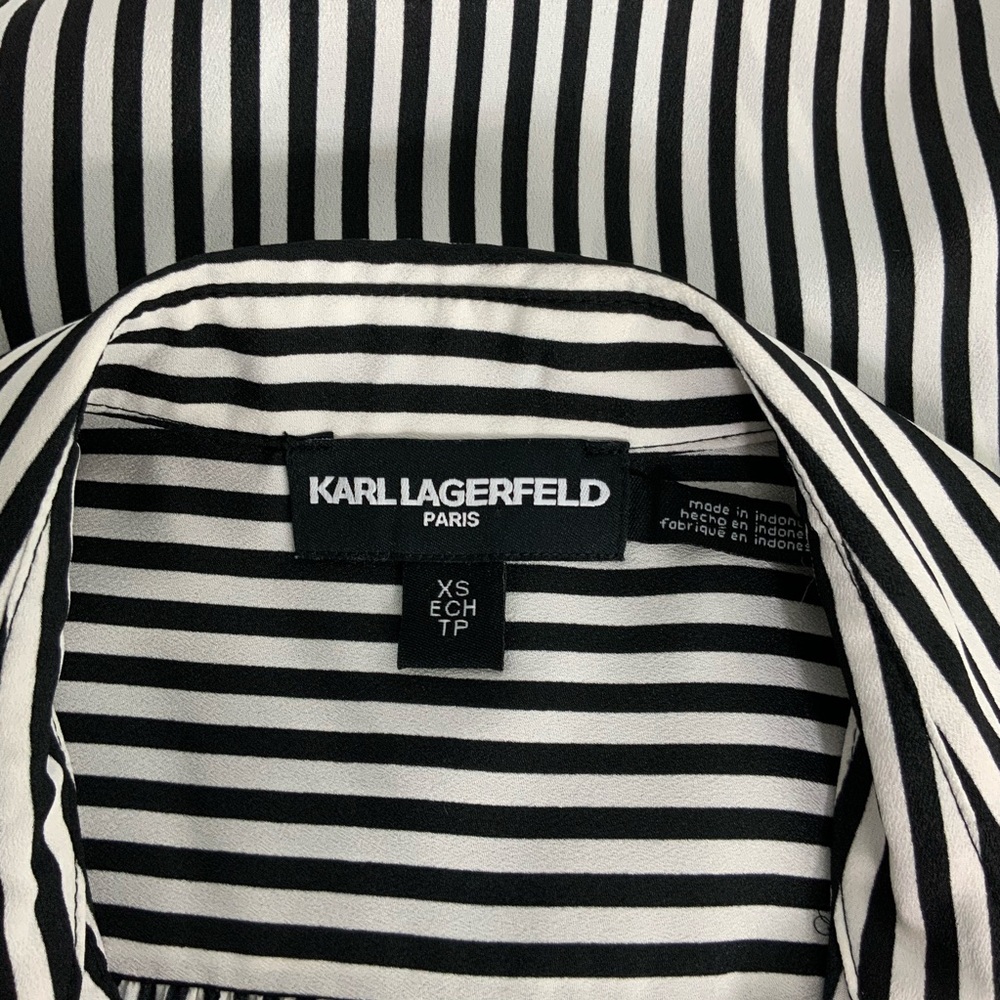 KARL LAGERFELD Paris Sleeveless Black White Vertical Striped Tank Top Ruffle M18 - Picture 8 of 8